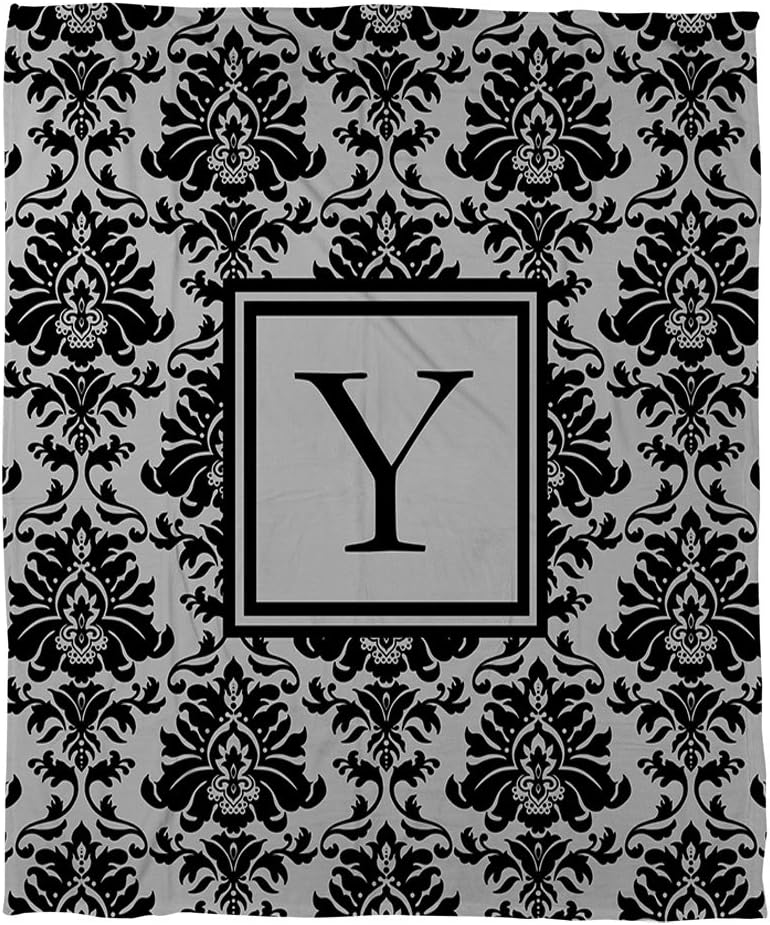 Manual Woodworkers & Weavers Coral Fleece Throw, 50 by 60-Inch, Monogrammed Letter Y, Black and Grey Damask