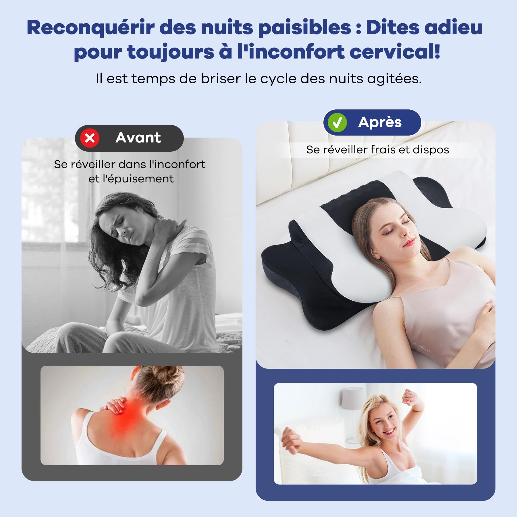 DONAMA Oreiller Ergonomique Cervical à Mémoire de Forme Haute Densité, Mousse à Rebond Lent pour Soutien du Cou et de la Nuque, Conception 2 en 1 pour Dormeurs sur Le Côté, Le Dos et Le Ventre