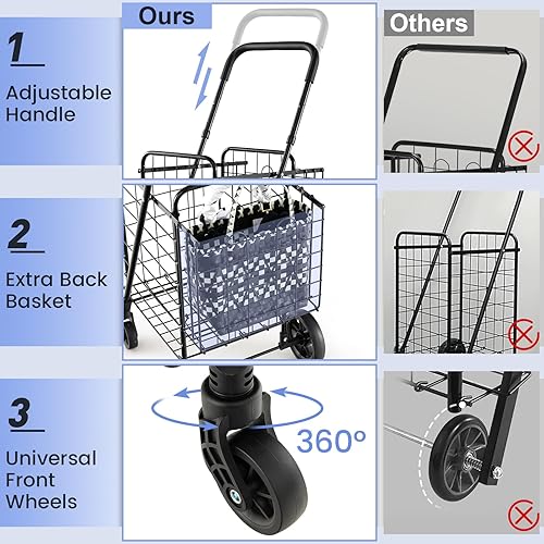 Miniatura 3 de Goplus Carrito Plegable de Compras de Utilidad, Cesta Doble y Ruedas Giratorias de 360, Mango Ajustable, Carrito Pequeño Perfecto para Comestibles,