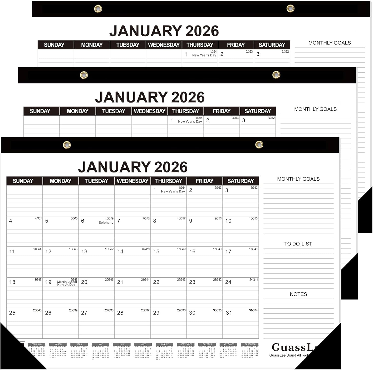 GuassLee Desk Calendar 2026, 3 Packs, 18 Months Calendar 17" × 11.5" Desk Calendar from Jan. 2026 to Jun. 2027 with Julian Date, To-do List, Notes, Monthly Goals, for Home School Office