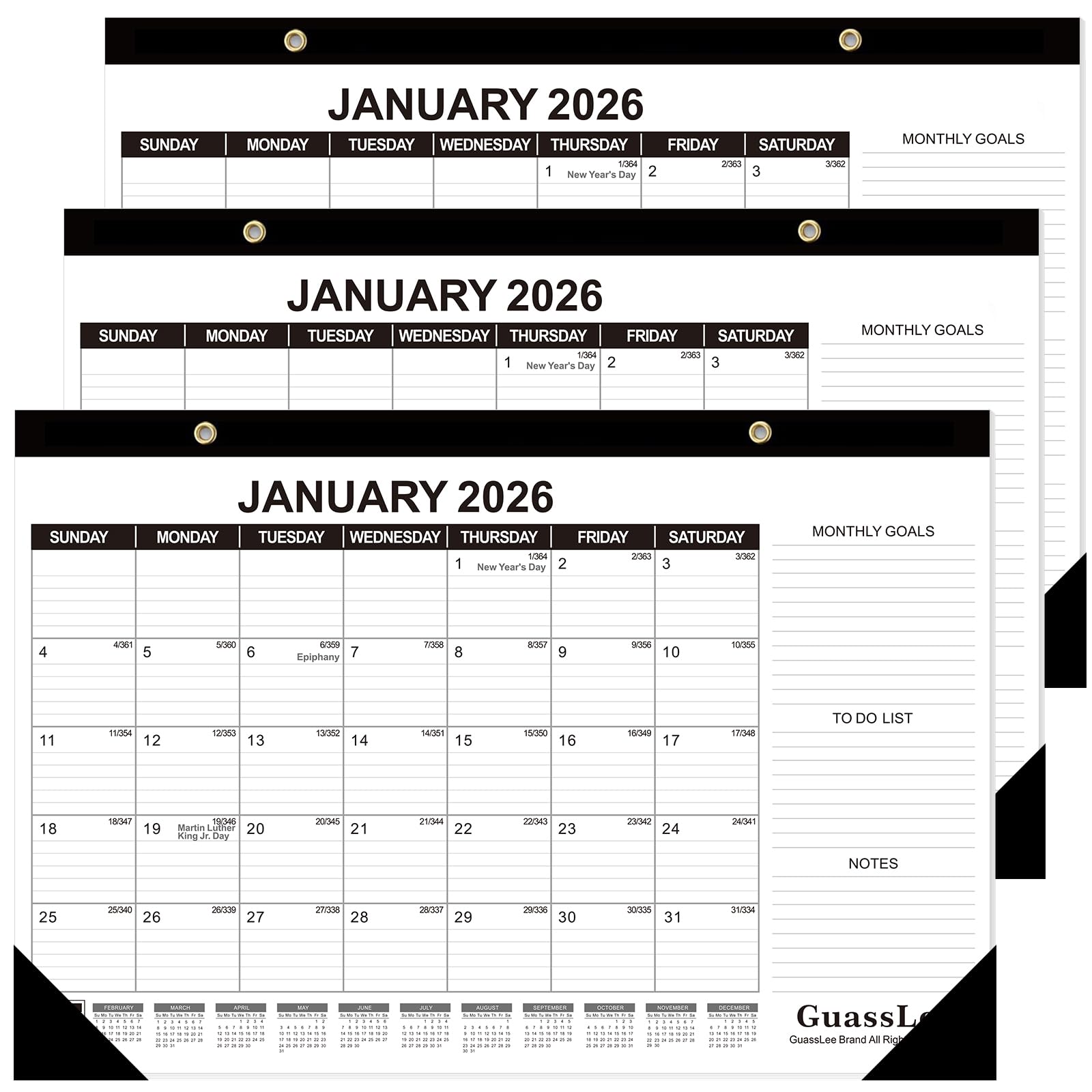 GuassLee Desk Calendar 2026, 3 Packs, 18 Months Calendar 17" × 11.5" Desk Calendar from Jan. 2026 to Jun. 2027 with Julian Date, To-do List, Notes, Monthly Goals, for Home School Office
