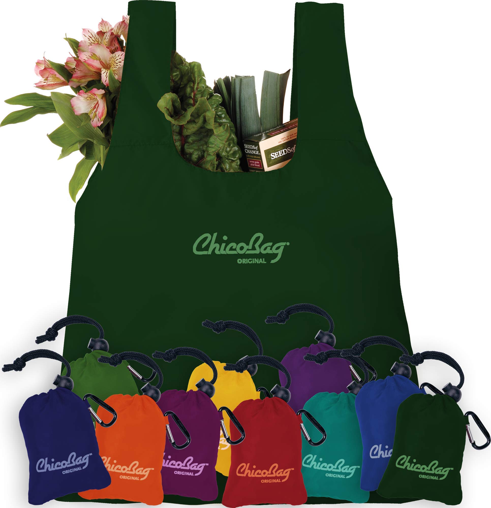 ChicoBag Bolsa reutilizable original con clip para carabinero, bolsas compactas reutilizables, ecológicas (paquete de 4)