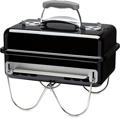 Weber Go-Anywhere Barbacoa de carbón, superficie de la parrilla 42 x 26 cm, barbacoa portátil ligera, barbacoa de mesa con tapa y cuba esmaltados en porcelana, patas plegables – Negro (1131004)