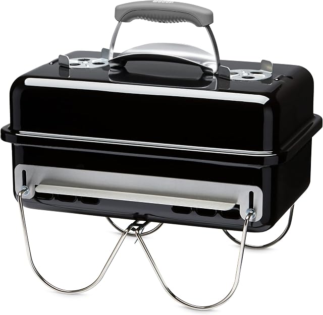 Weber Go-Anywhere Barbeque Grill | Portable Charcoal BBQ Grill | Table Top Camping Barbeque with Lid | Porcelain-Enamelled Bowl | Small & Lightweight Deep Dish Outdoor Stove - Black (1131004)