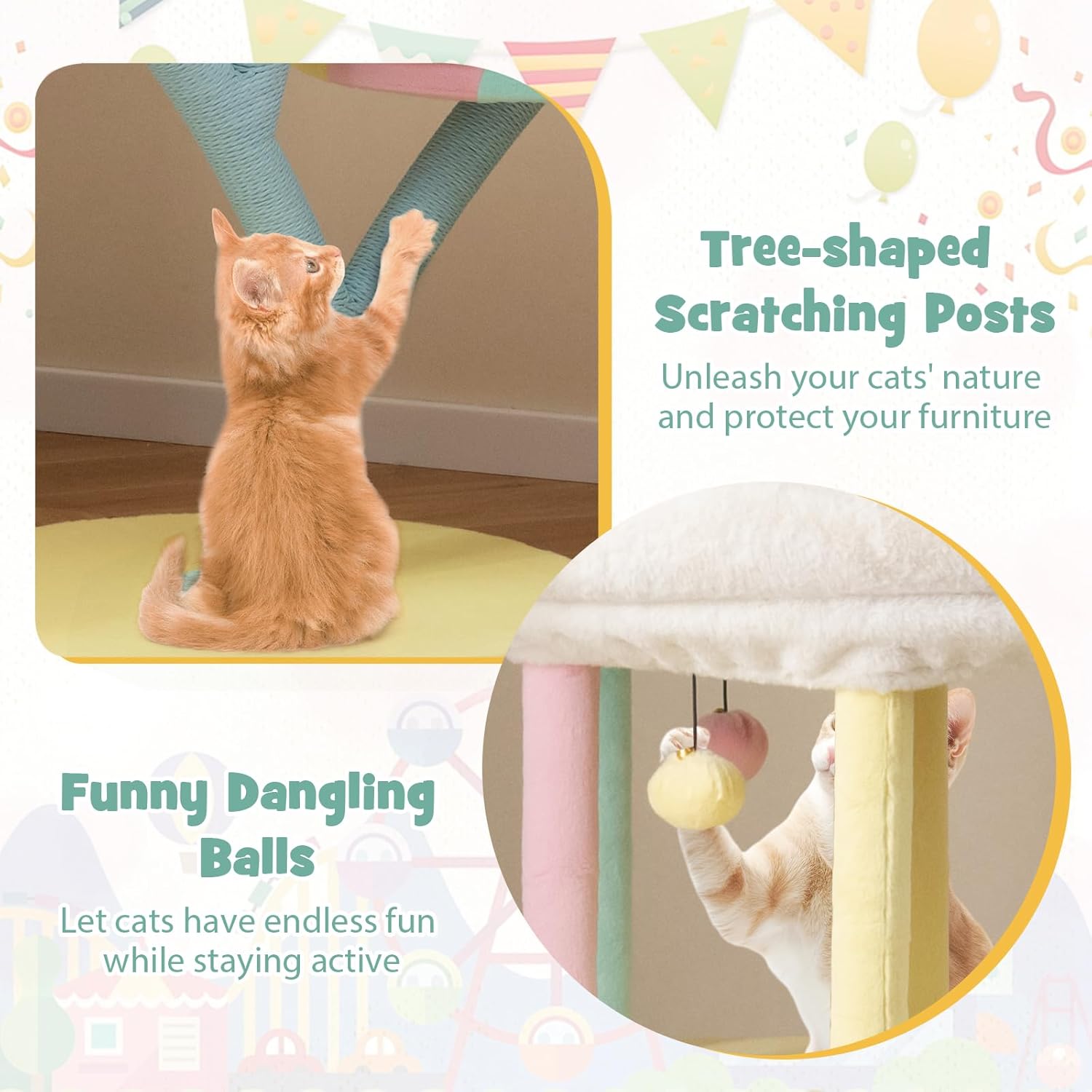 Tangkula Tall Cat Tree, 57.5 Inch Amusement Park Style Cute Cat Tower with Top Open Condo, 2 Perches, Scratching Posts & Dangling Balls, Aesthetic Cat Tree Tower for Indoor Cats Large Adult