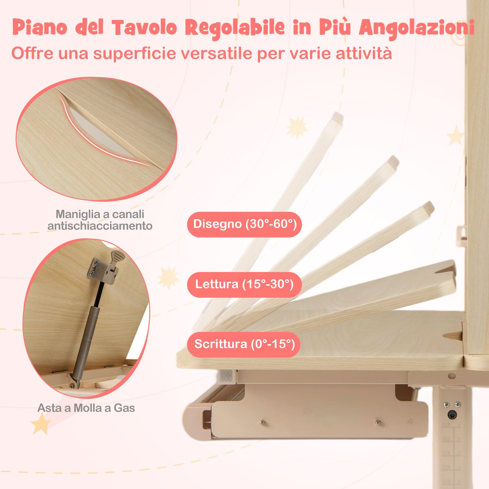 COSTWAY Scrivania per Bambini 3+ Anni, Tavolo da Studio Regolabile in Altezza con Libreria e Cassetto, Piano Inclinabile, Mensole, Leggio e Portapenne, Scrivania per Studiare (Rosa)