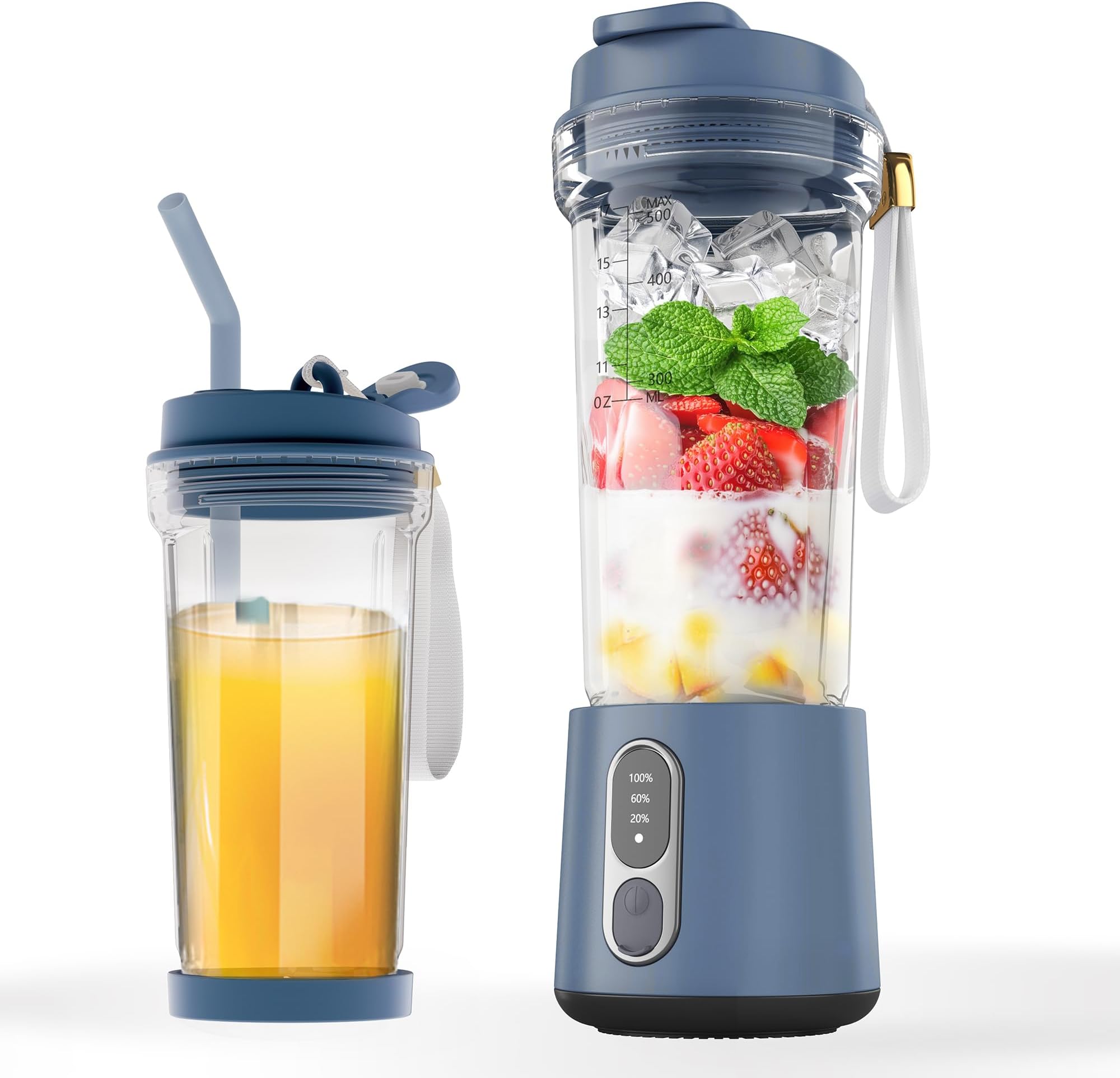 FlycimolyPortable Blender, 500ml Personal Blender for Shakes & Smoothies with Travel Lid, with up to 22,000RPM to Pulverize Ice & Frozen Fruits, USB Rechargeable,for Kitchen/Gym/Outdoor (Denim Blue)