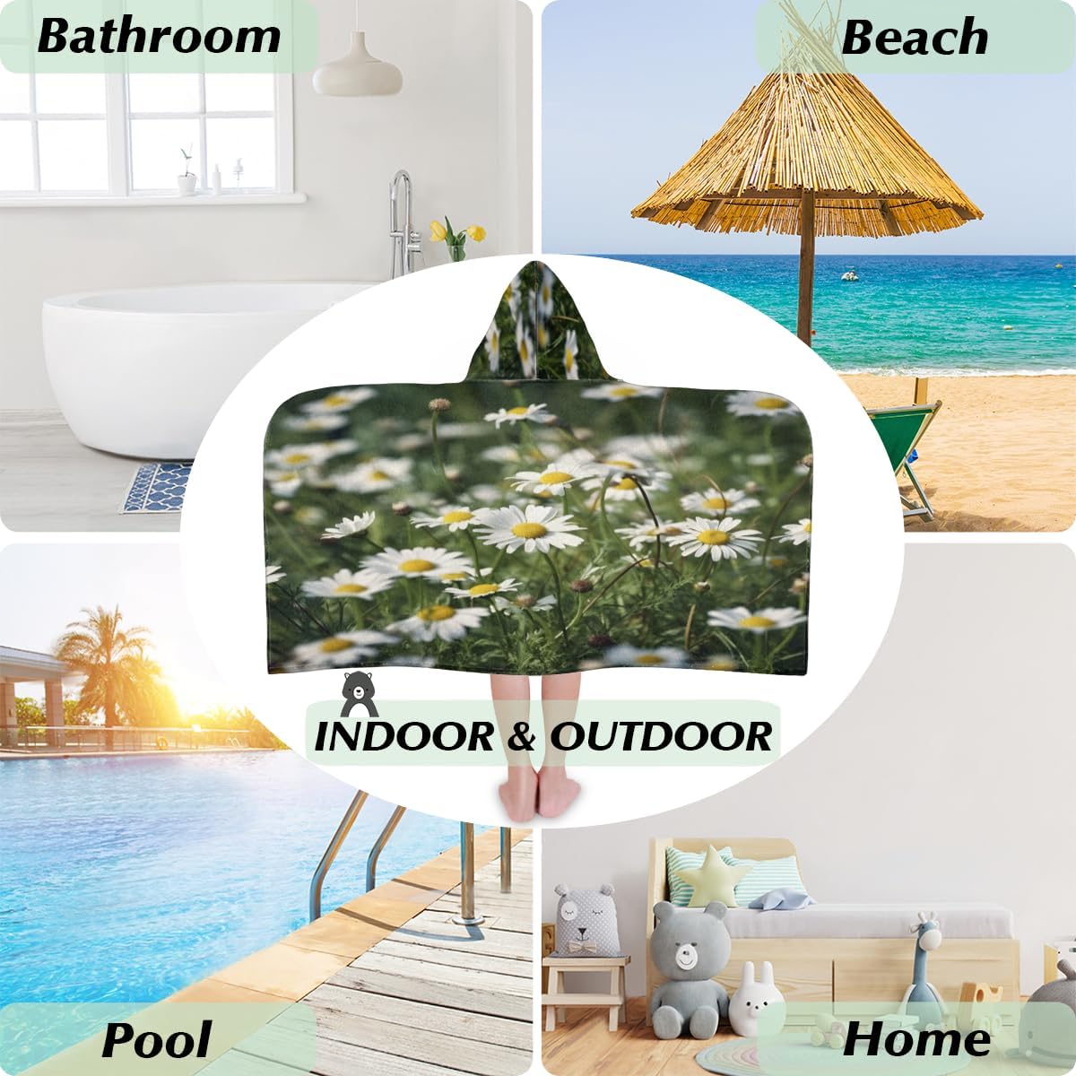 Pardick Kids Bath Towel Wild Daisy Beach Towel with Hood Pool Cover Up for Girls Boys Soft Absorbent Hooded Bath Towel Toddler Towels for Beach, Pool