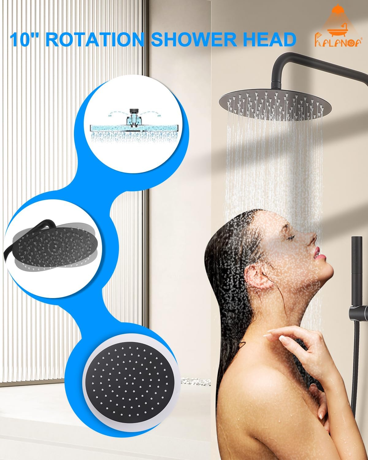 All-Metal Outdoor Shower Fixture,3 Functions Handle Tub Rainfall Shower Faucet Sets with Dial Thermometer Brass Valve, Black Exposed Shower System with 10'' Rainfall Shower Head Adjustable - Image 3