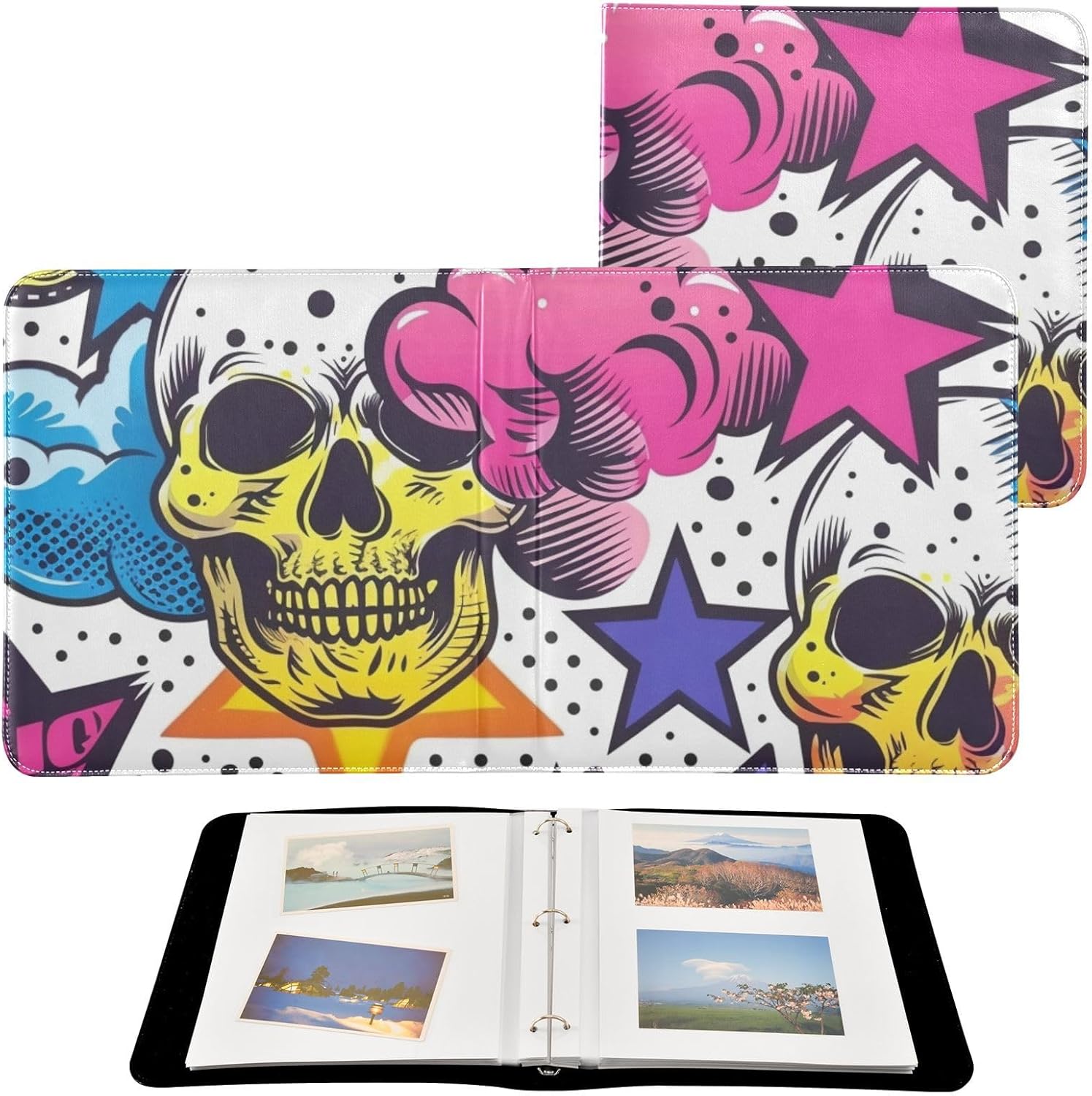 JIPONI Stars Skull Graffiti Large Photo Album, DIY Leather Cover Scrapbook Albums for 4x6 5x7 6x8 Pictures, Self Adhesive Memory Book for Wedding, Baby, Family