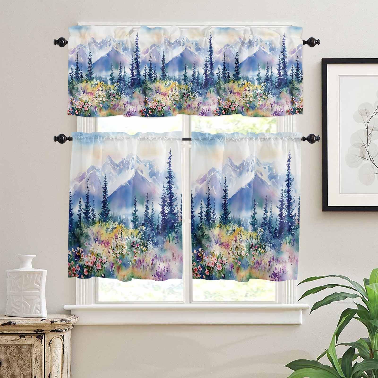 Blue Purple Mountains Kitchen Curtains 36 Inch Length,3 Piece Rod Pocket Small Half Tiers and Valance Set,Watercolor Wildflower Pine Trees Small Large Window Treatment Decor for Bedroom/Bathroom Sink