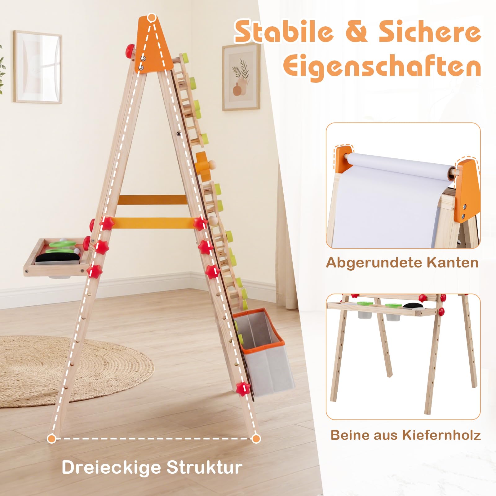 COSTWAY Tafel Kinder, Holz Spieltafel doppelseitig mit Magnet-Whiteboard, Papierrolle, Ablagefach & Murmelbahn, klappbare und höhenverstellbare Standtafel mit Zubehör für Kinder ab 3 Jahren