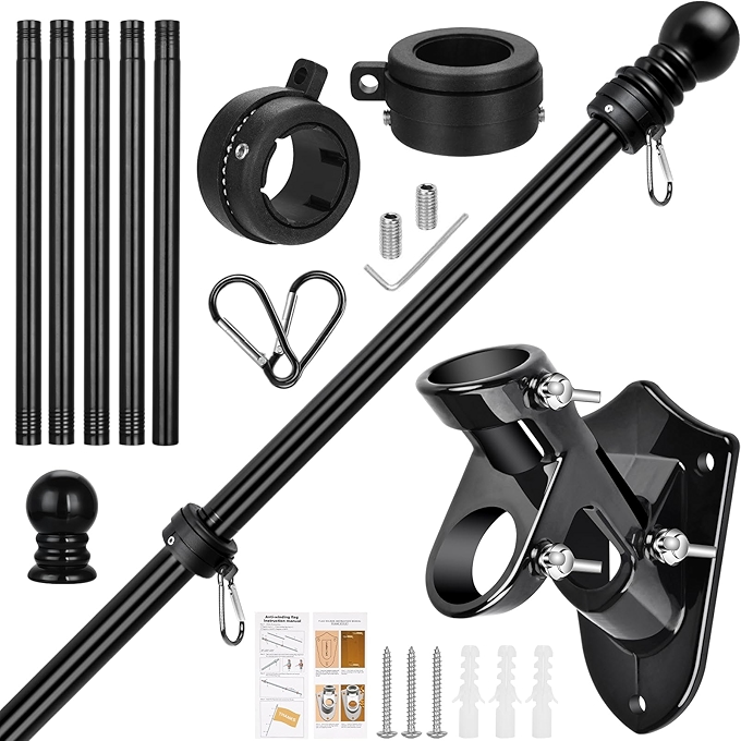 Haoridul 6英尺户外旗杆套件，升级版防缠设计，黑色不锈钢旗杆