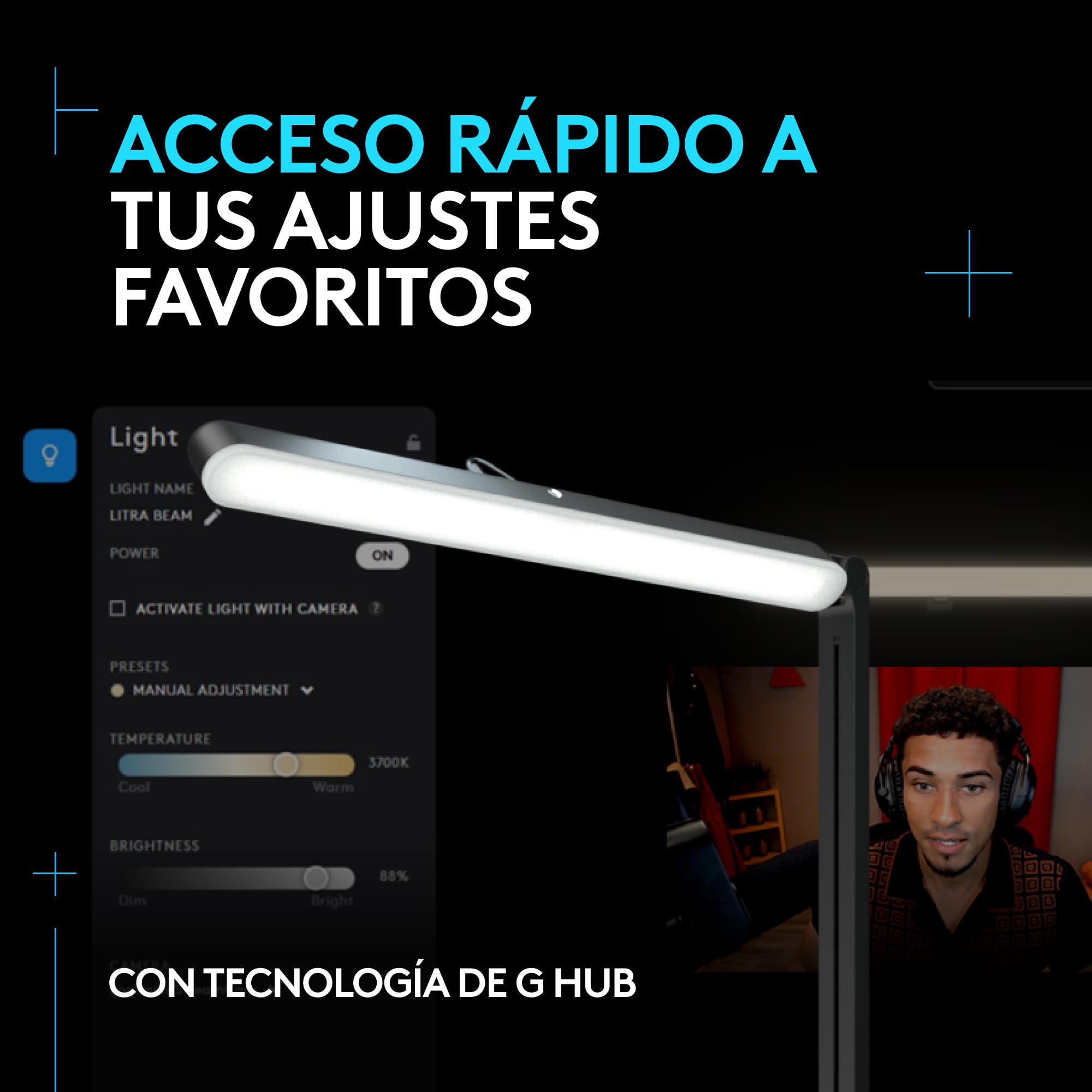 Logitech G Litra Beam, luz LED principal premium para gaming | TrueSoft, soporte de escritorio ajustable, ajuste brillo/temperatura color, control aplicación escritorio, PC/Mac - Grafito