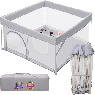 BABELIO Foldable Baby Playpen 46x46 Inch - Portable Playard, No Assembly, ASTM Safe Indoor Outdoor Playpen for Babies Toddlers, Grey