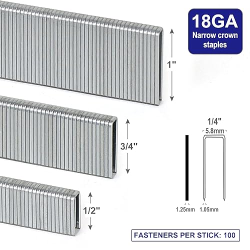Miniatura 4 de HW HAMWOO 3000 unidades de calibre 18, grapas de corona estrecha de 14 pulgadas (12 pulgada, 34 pulgadas, 1 pulgada), 18 GA, variadas, adecuadas