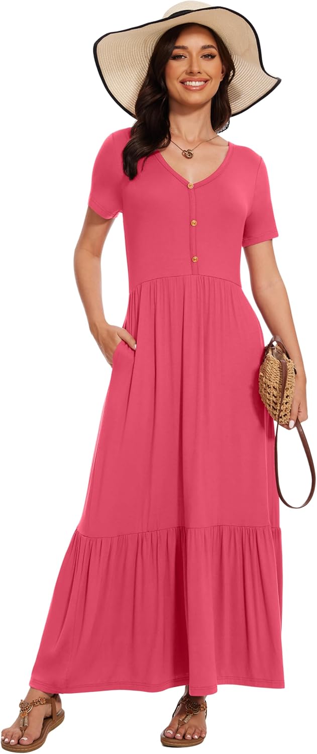 VIISHOW Women's Short Sleeve Maxi Dress 2026 Summer V Neck Knit Loose Plain Empire Waist Casual Dresses with Pockets - Image 2