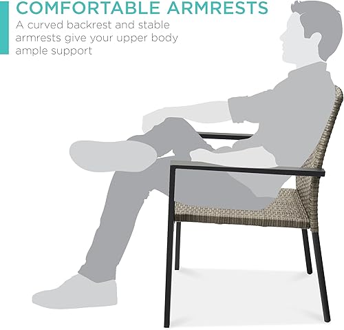 Miniatura 5 de Best Choice Products Juego de 2 sillas de comedor apilables de mimbre para exteriores para todo tipo de clima, con reposabrazos, marco de acero para