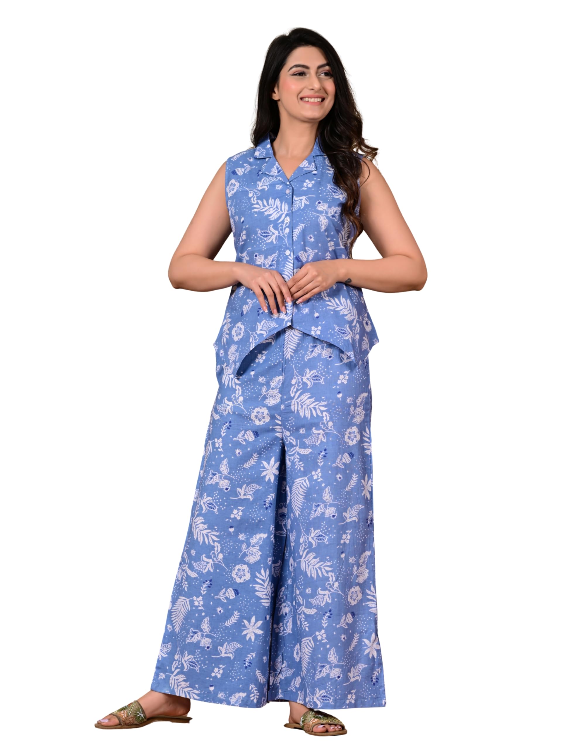 amazon brand - tavasya Women Pure Cotton Printed Co-Ord Set | Sleeveless Collared Shirt Top with Wide Leg Palazzo Pants | Soft Breathable Casual, Travel & Lounge Wear-picture-14