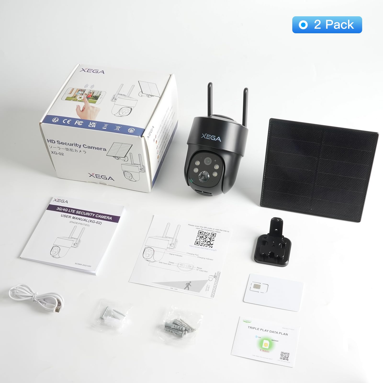 Xega 2 Unidades Cámara Solar 4G Exterior con Tarjeta SIM Sin WiFi PTZ | 2K HD, Rotación 355°/90°, Batería, Visión Nocturna,Detección Movimiento,Almacenamiento Local Y Cloud,Suscripción Obligatoria