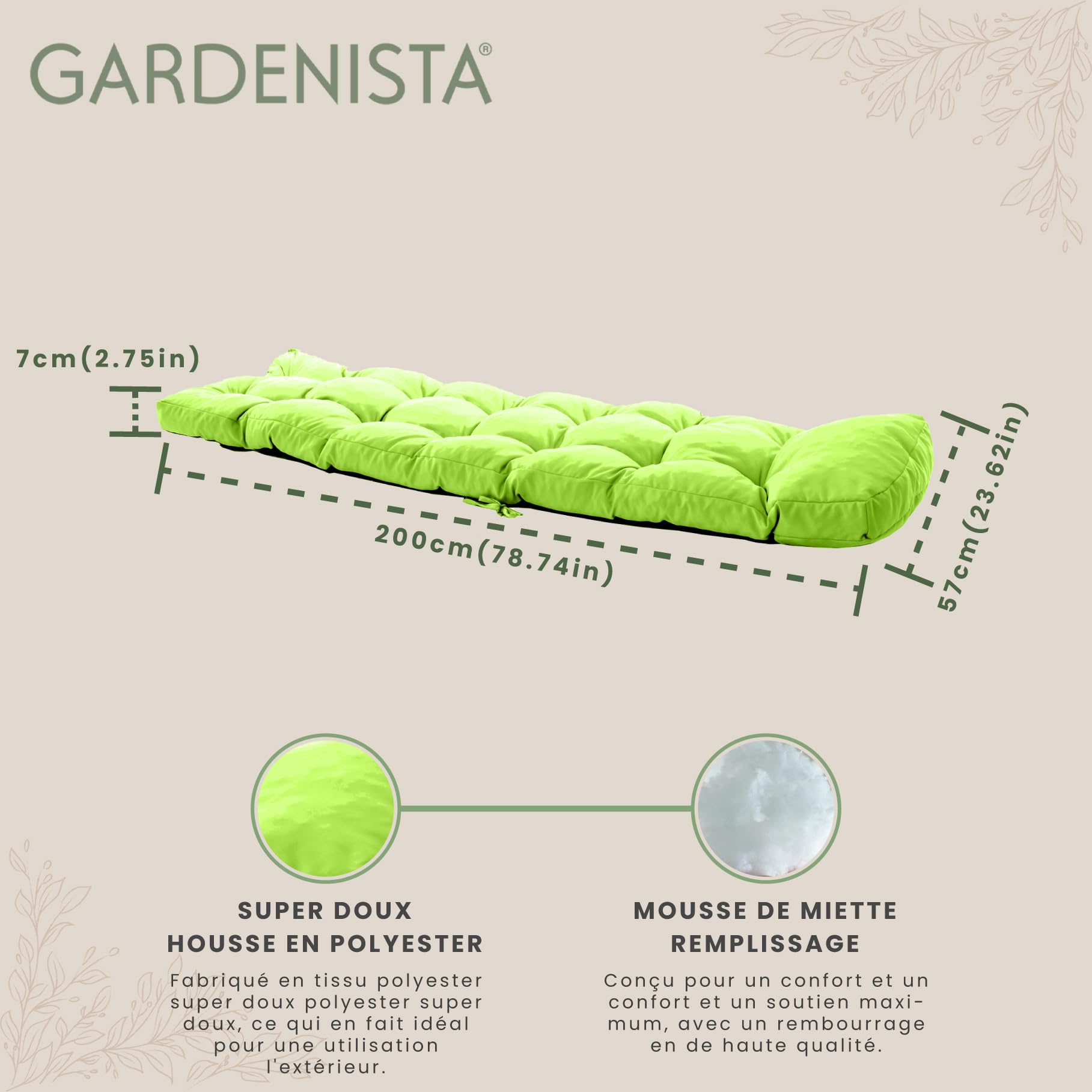 Gardenista Coussin Longue de Jardin 200x60x7cm | Matelas Épais Résistant à l'eau | Bain de Soleil et Transat | Inclinable Hypoallergénique pour Extérieur (Citron Vert)