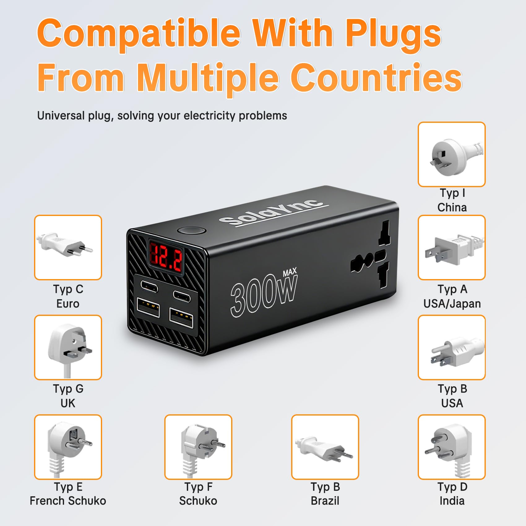 300W Convertisseur de Tension pour véhicule 12V/24V à 230V, avec Prises internationales et Affichage LED, 2 Ports USB-A et 2 Ports USB-C, adapté aux Voitures, Bateaux, Camping