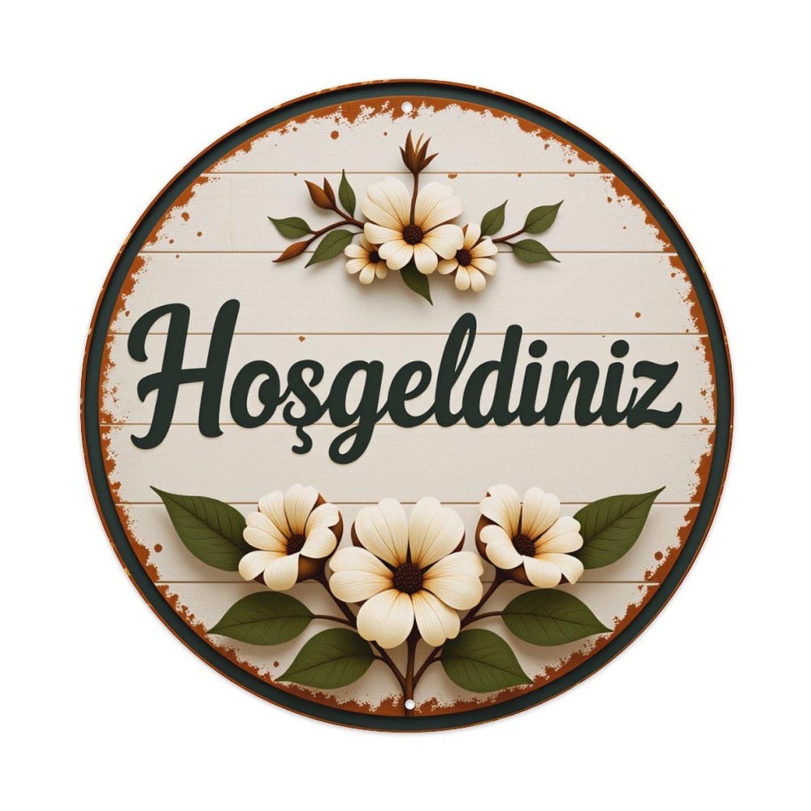 Floral Wooden Sign With Welcome Text And White Flowers Round Vintage Tin Sign,Retro Wall Art,Metal Poster for Home, Bar, Garage, Cafe, Rustic Indoor & Outdoor Decor, 8x8 Inches