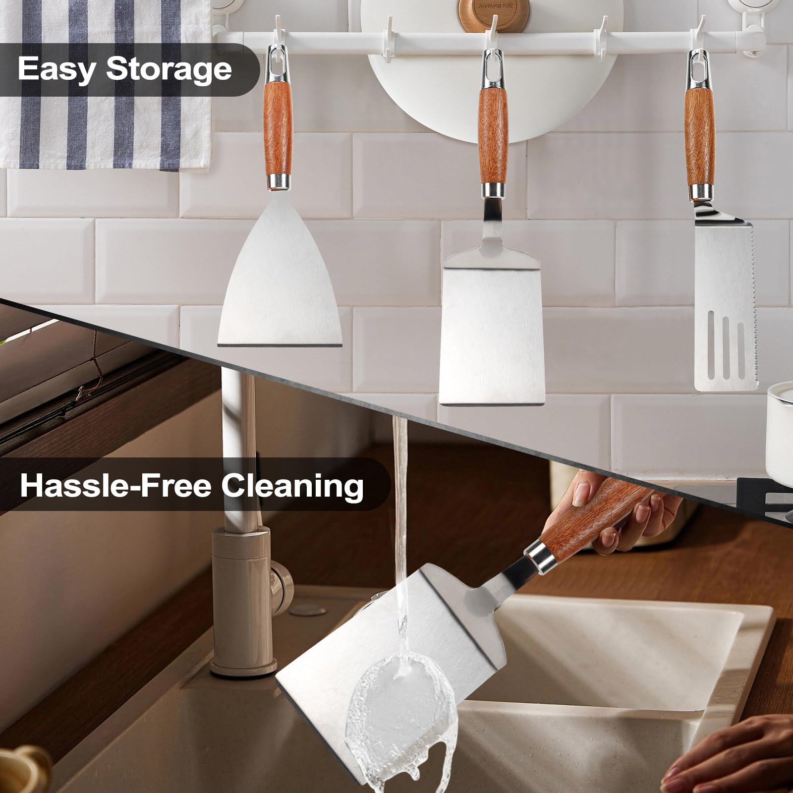 Juego de 3 espátulas de acero inoxidable, espátulas de metal para sartén de hierro fundido, espátulas sólidas y ranuradas resistentes, raspador de plancha con mango de madera y borde biselado 6