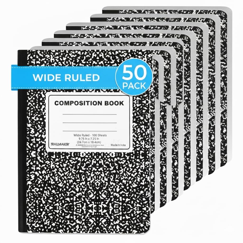 Trail maker Bulk Composition Notebooks (50 Pack), Wide Ruled Marble Cover, 200 Pages (100 Sheets), 9.75 x 7.5, Bulk School Supplies for Classroom, Office & School Donations