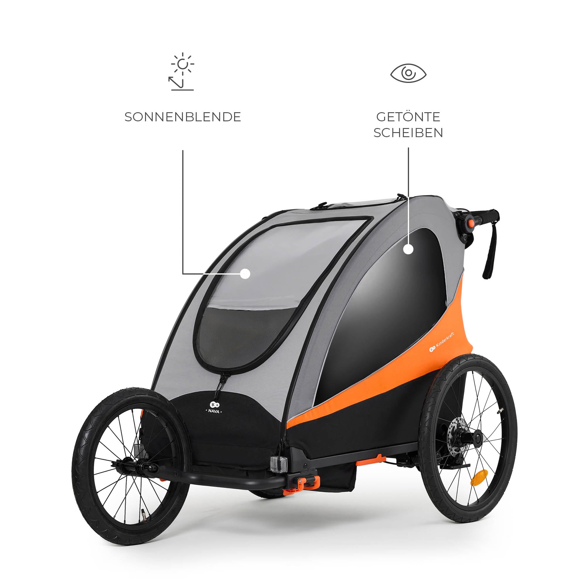 Kinderkraft NAVA 3in1, Kinderwagen, Laufwagen und Fahrradanhänger, für ein oder zwei Kinder (bis 44 kg), Sonnenschutz, zwei unabhängige Bremsen, Aluminiumrahmen, leicht zu falten,Orange
