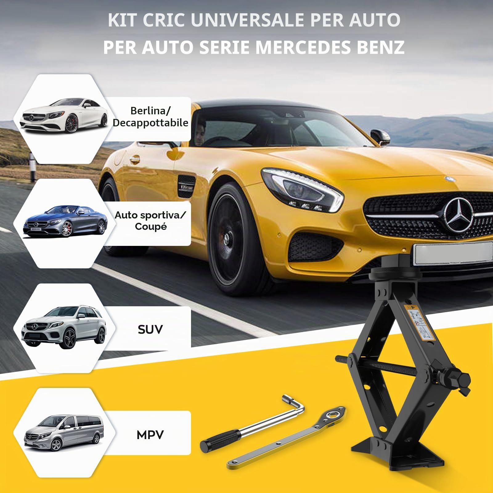 IMAYCC Cric Per Auto Universale 2.5T/2500kg, Cric Auto Per Mercedes Benz Serie Con Tampone In Gomma,Cric Portatile Auto Con Chiave Per Dadi Ruota, Kit Emergenza Auto Per Auto Mercedes-Benz SUV MPV