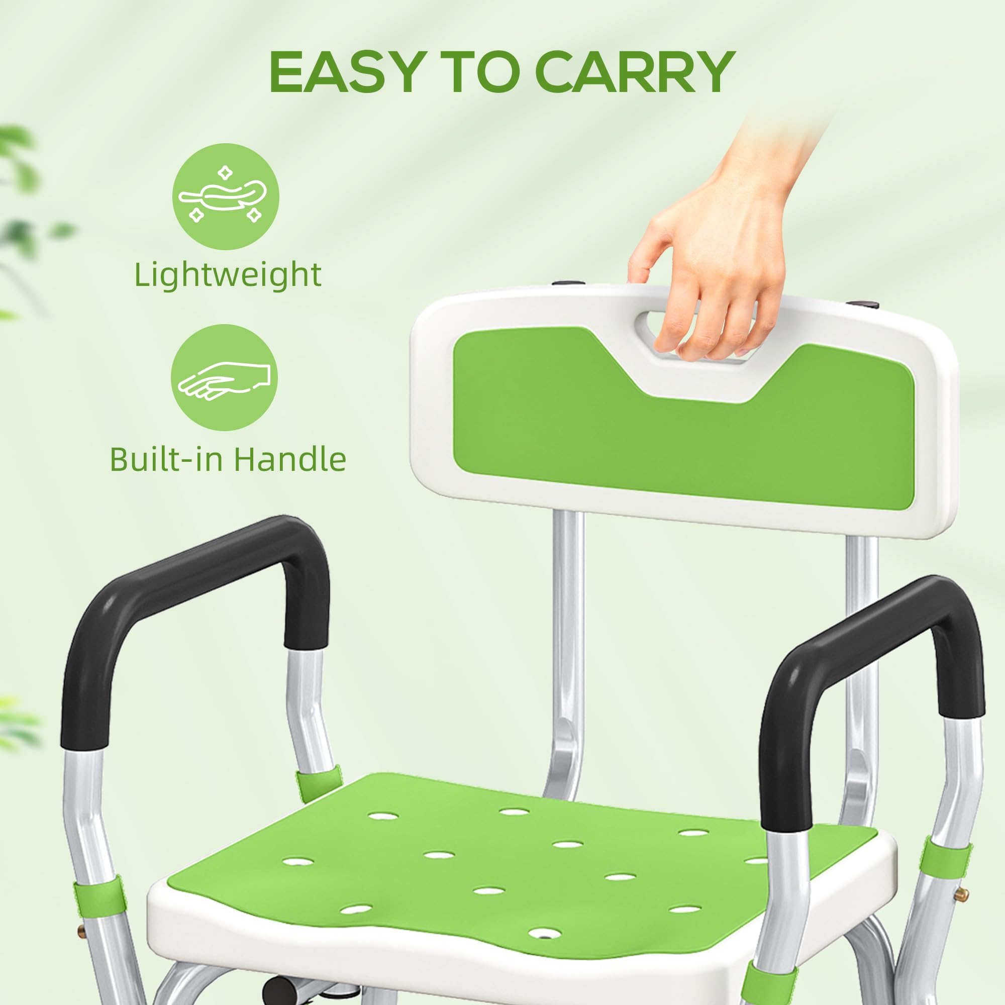 HOMCOM Silla ducha acolchada EVA para ancianos y discapacitados verde | Taburete de ducha ajustable en altura con respaldo y brazos, 4 patas de ventosa