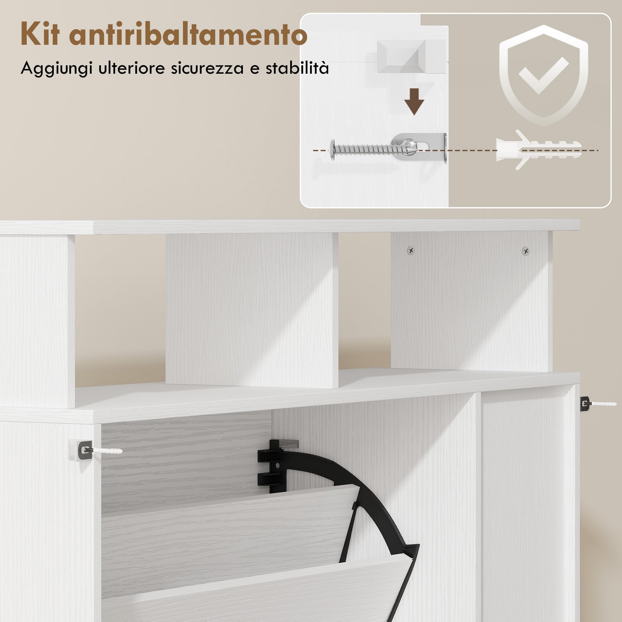 HOMCOM Scarpiera Salvaspazio Slim con 2 Ante a Ribalta, Scarpiera Ingresso con Ripiani Regolabili Rimovibili, Ripiani Aperti, Scomparto Laterale, Porta Scarpe in Legno con Maniglia, Bianco