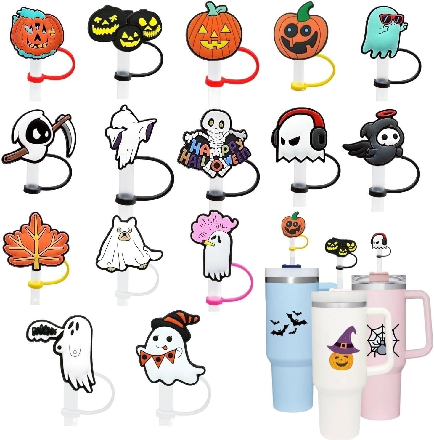 15 fundas de paja con temática de Halloween, de silicona, reutilizables, para popotes de 0.315 a 0.315 pulgadas, puntas de popote a prueba de