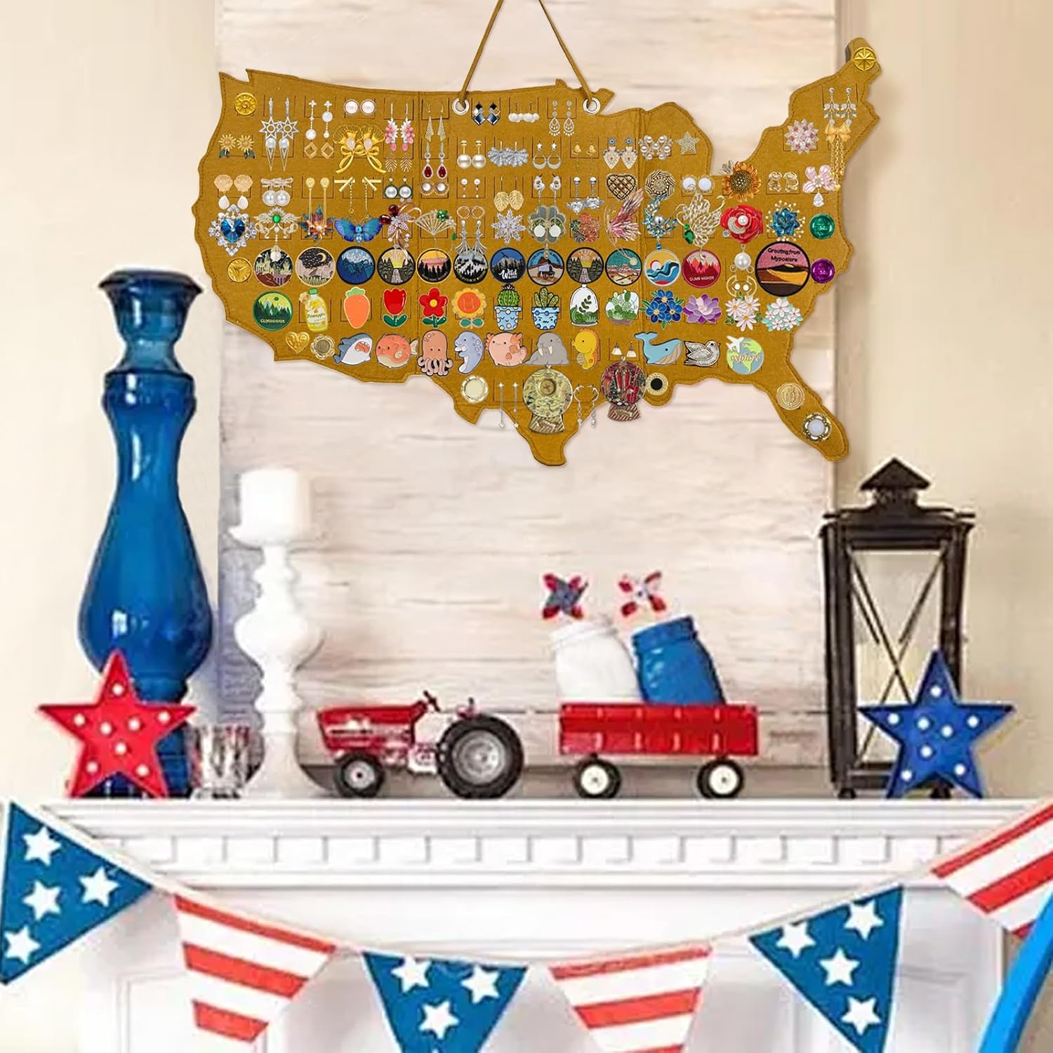 SNAIL GARDEN American Flag Shape Pin Display Board, Hanging 26.7Inch Pin Board Double-sided Adhesive Dot for Collection Display Badges Earrings
