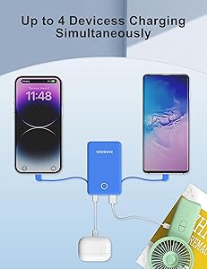 6000mah Ultra Slim Built in Cables Power Bank, Card Size Built in USB C Cords Battery Pack Portable Charger for Phones, 3 Output External Battery Pack Compatible with iPhone, Samsung, Deep Blue
