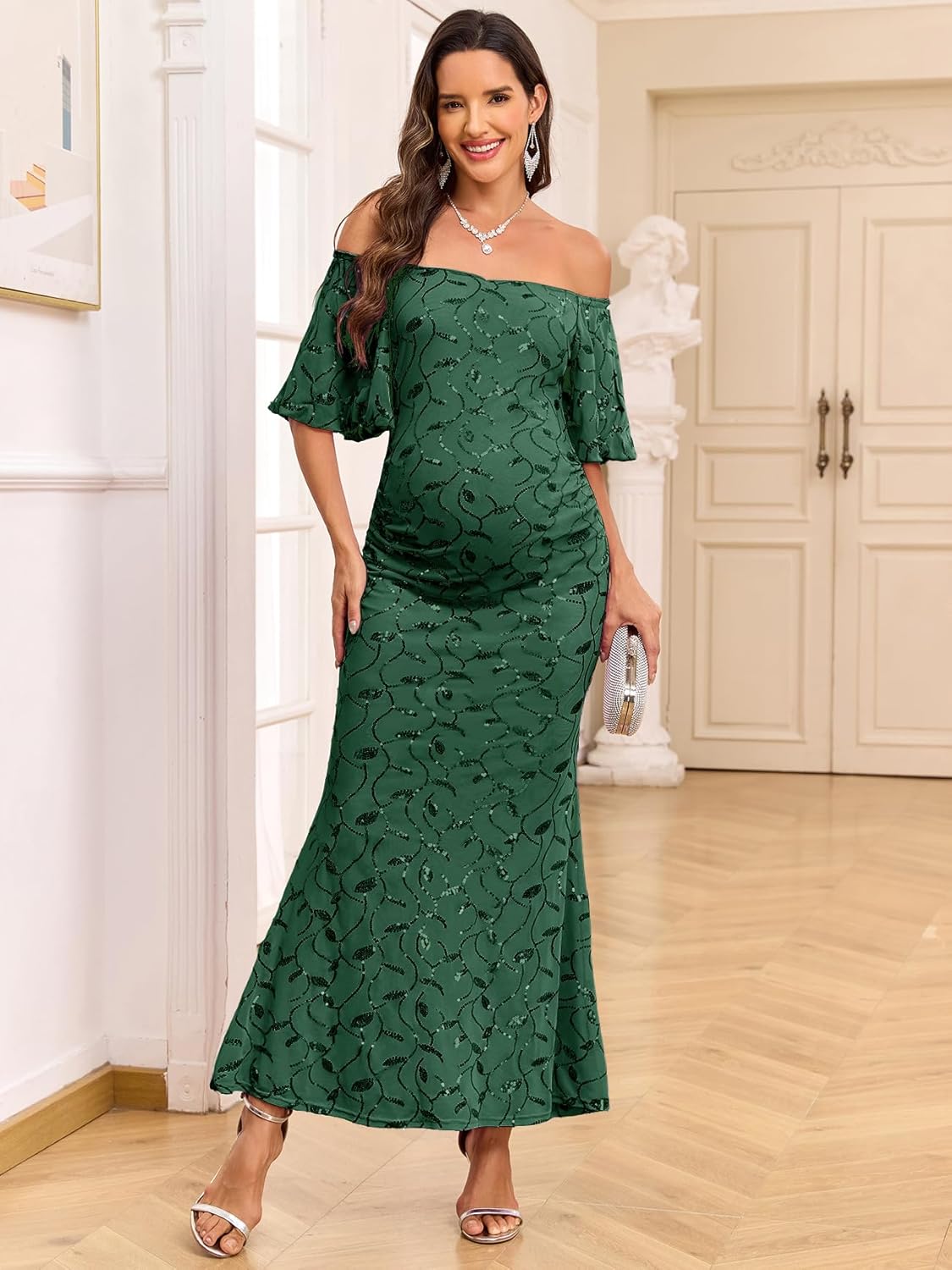CYCLAMEN Off-Shoulder Sequin Maternity Evening Gown Puff Sleeves Formal Mermaid Maxi Dress for Baby Shower Photoshoot