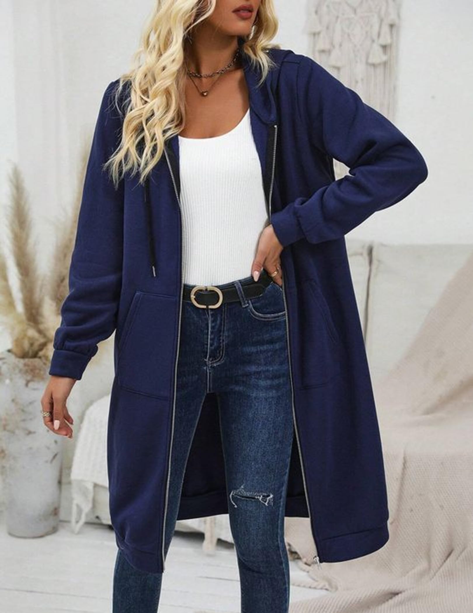 Zeagoo Felpe con cappuccio da donna con zip oversize in pile lunghe a tunica felpe casual a maniche lunghe 2026 autunno giacca con cappuccio cappotto, Blu scuro, XXX-Large