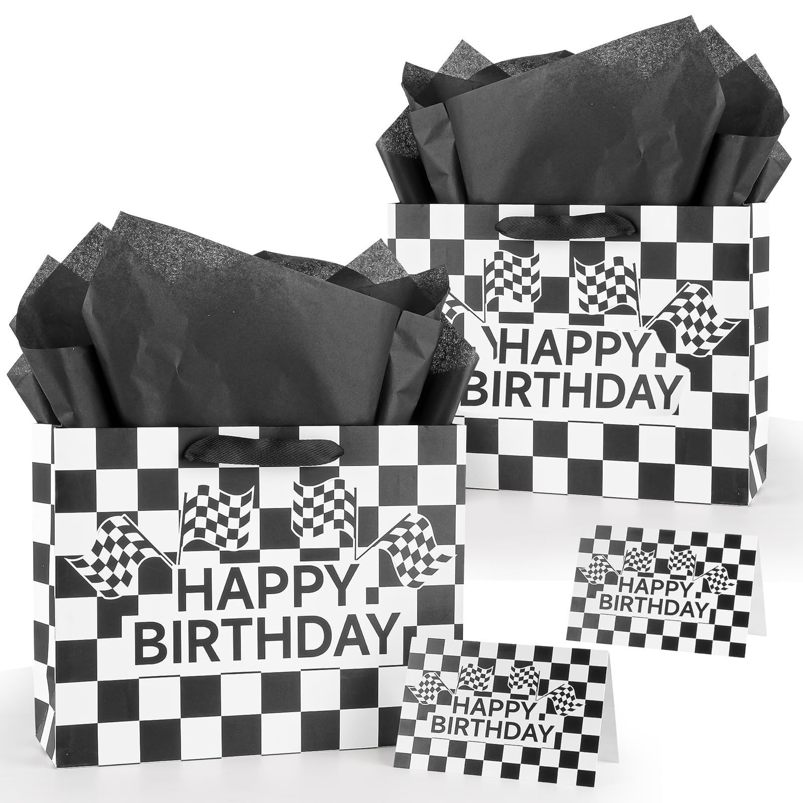 Racing Themed Birthday Gift Bags, Checkered Flag & Race Car Pattern with Handles for Boys, Men, Kids Party Favors, Birthday Presents Bag with Greeting Cards(2 Pack)