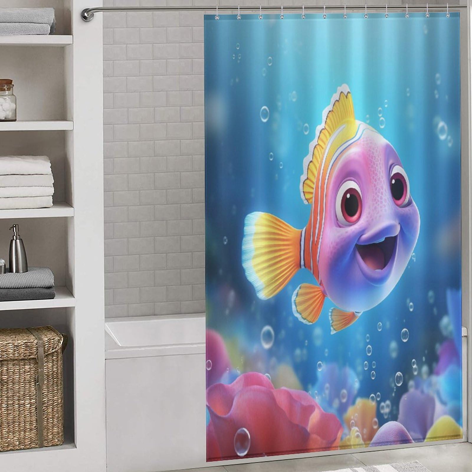 Rideau de douche poisson en tissu polyester 140x183 lavable machine