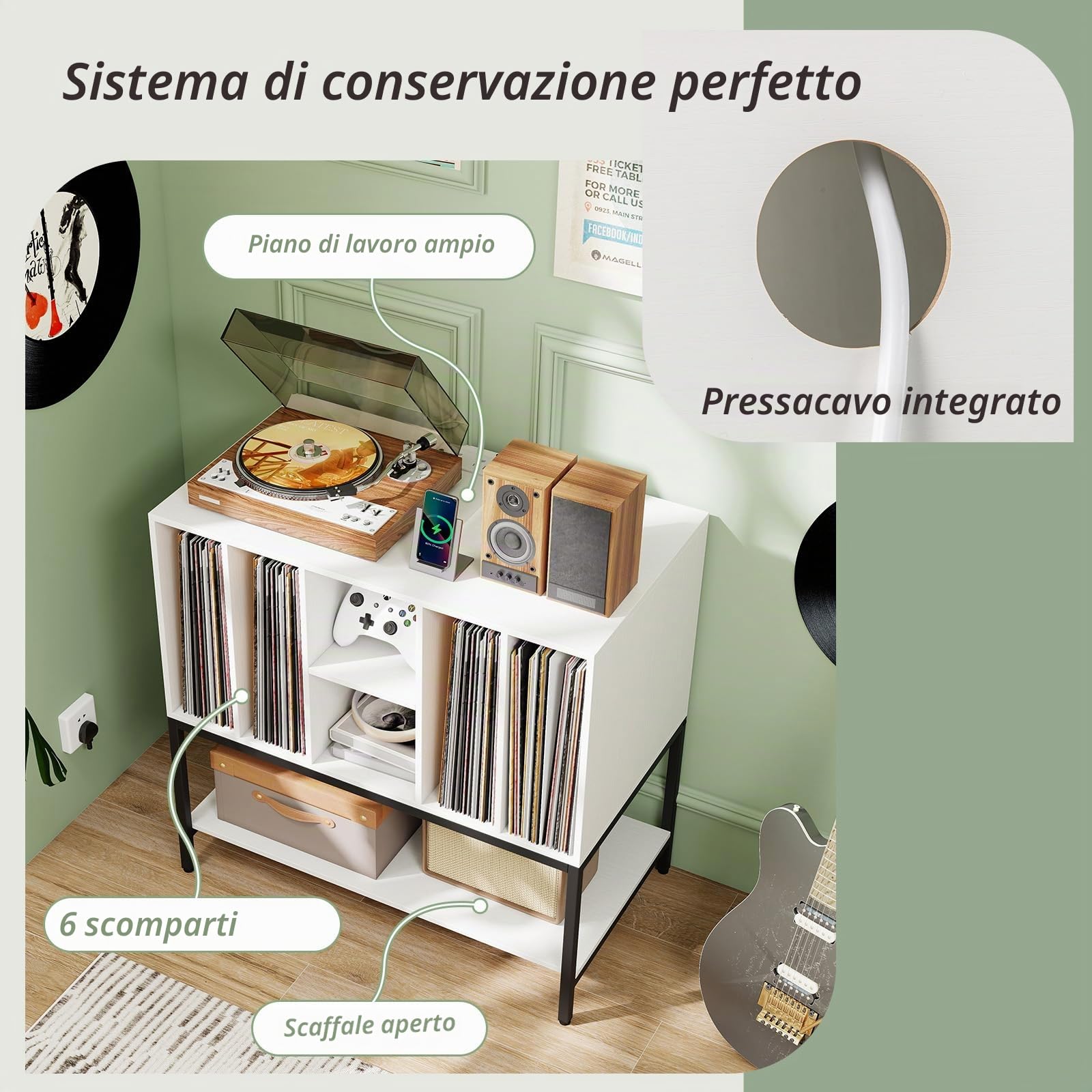GIANTEX Supporto per giradischi con 6 scomparti e ripiano aperto, armadio per dischi in vinile con stazione di ricarica, 80 x 45 x 79,5 cm, mobile per soggiorno, camera da letto (bianco)