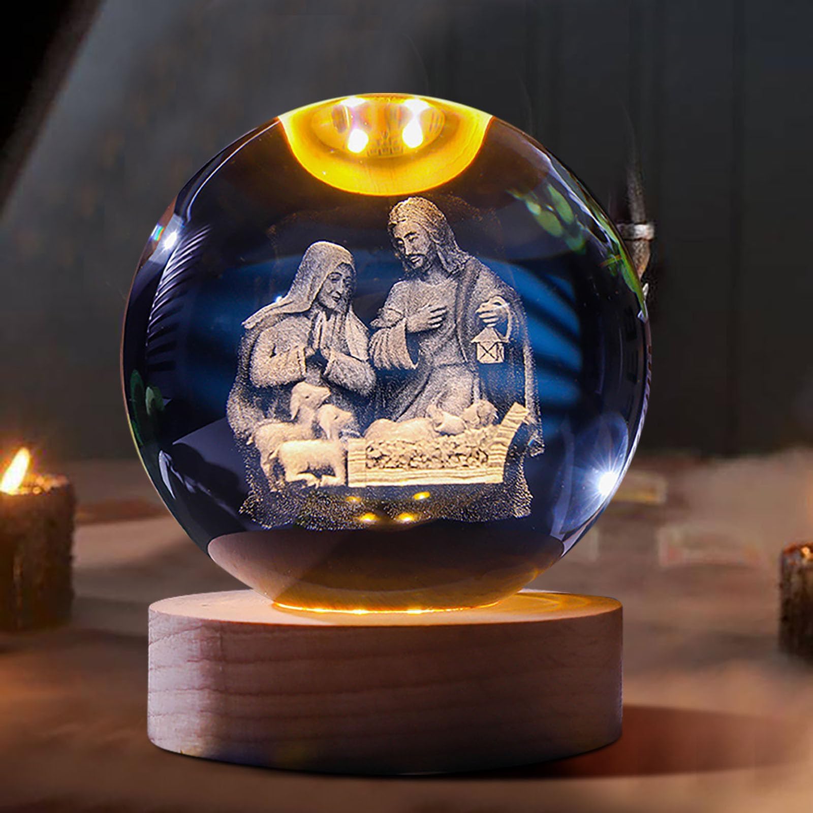 3D Holy Crystal Ball, Jesus Statue Praying Hands, Laser Engraved Cross with Praying in Hand Religious Gifts for Women, 3D Crystal Jesus Figurines Night Light Home Decor (3D-C)