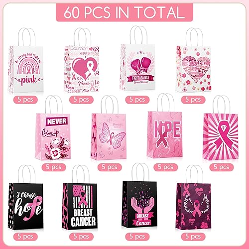 Miniatura 2 de PerKoop 60 bolsas de regalo de concientización sobre el cáncer de mama, bolsas de papel de cinta rosa con asas, bolsas de regalo para mujeres y