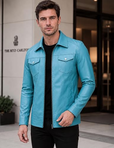 Zbrandy Leather Jacket Men Faux Leather Jackets Mens Moto Biker Coat Outwear Windproof Blue XXL