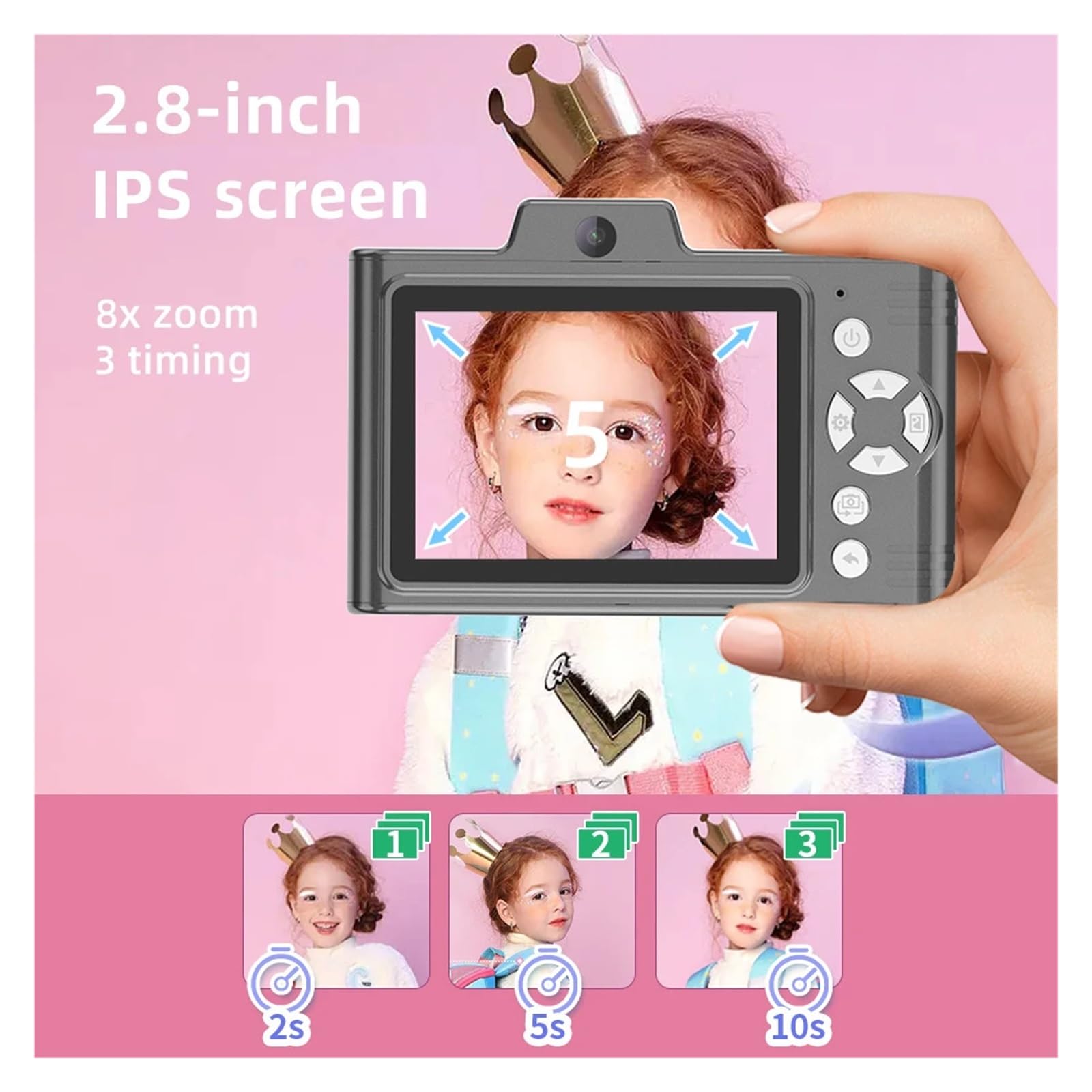 Kompaktowy Aparat Dla Dzieci 1080P 48 MP Z Dwoma Obiektywami 8 × Zoom Optyczny Mini Kamera CCD 2,8-calowy Ekran TFT(Pink)