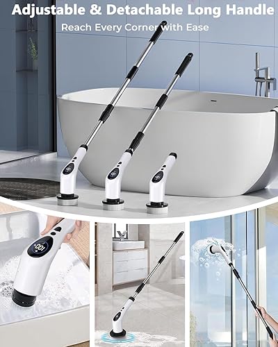 Miniatura 5 de Limpiador eléctrico giratorio, limpiador de ducha inalámbrico con 9 cabezales reemplazables, pantalla LED de 3 velocidades, cepillo limpiador de