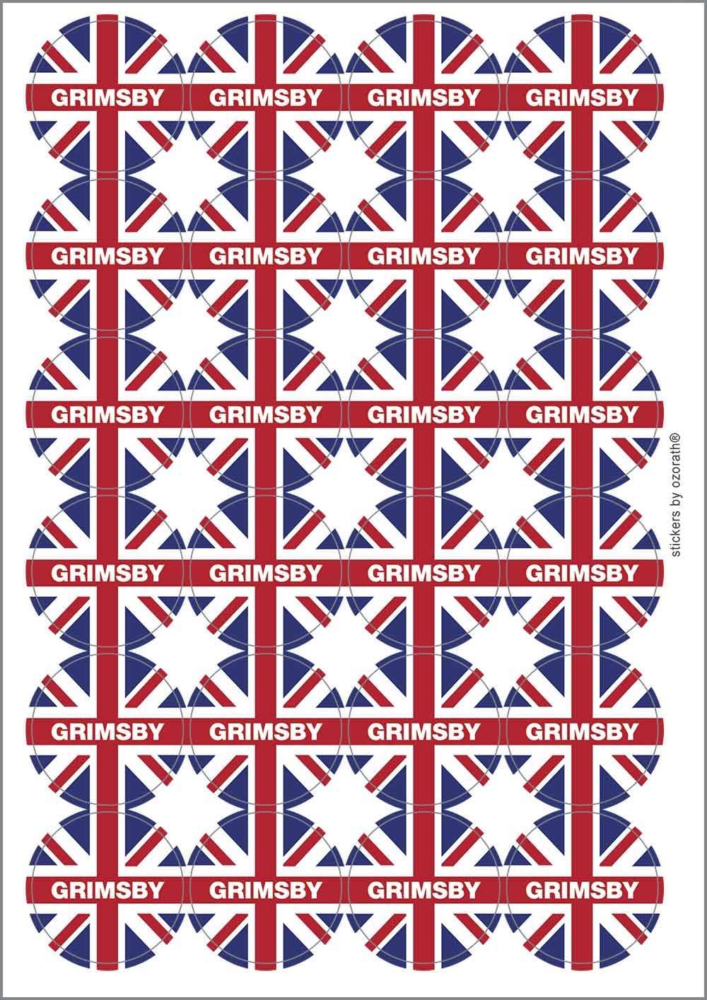 Grimsby Union Jack Circular Matt Paper Stickers A4 Sheet of 24 (Each Sticker is 45mm Diameter)
