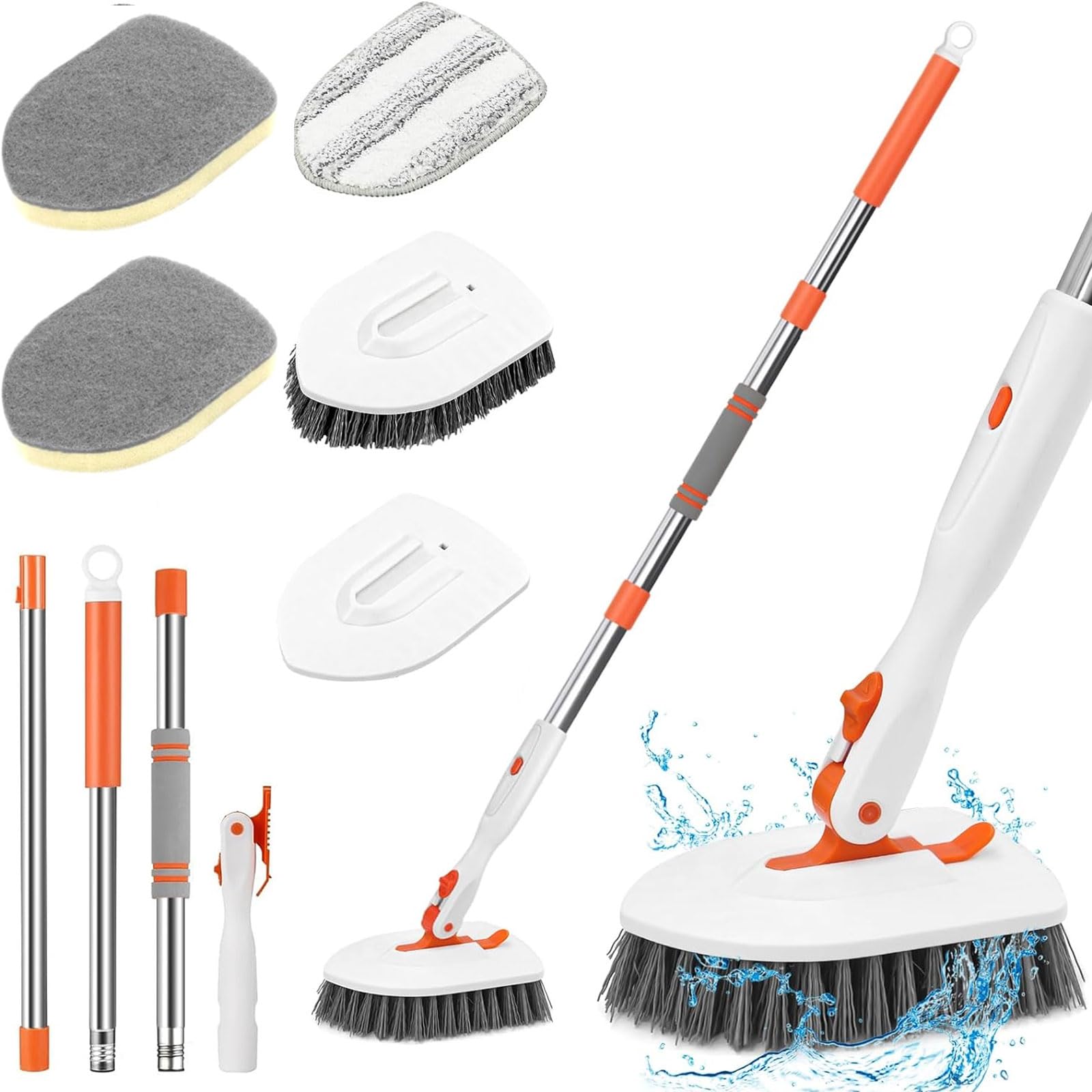 Newthinking 3 in 1 Tub and Tile Scrubber, Long Handle Floor Cleaning Brush with Sponge Mop and Microfiber Pad for Bathroom Tile Wall