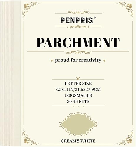 PAP04CW - 30 hojas de papel pergamino - Blanco cremoso de 8.5 x 11 pulgadas, tamaño carta, papel pesado de 65 libras, papel grueso vintage para
