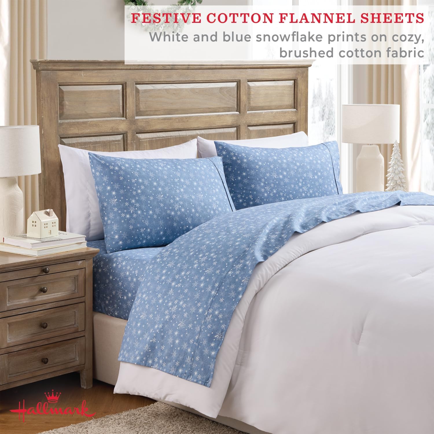 Hallmark King Size 4-Piece Holiday Bedding Set - Flat & Fitted Sheets & Pillowcase | Soft Brushed Breathable Cotton | Durable, Wrinkle Resistant, Cozy & Warm | Deep Pocket Sheets | Snowflakes Blue